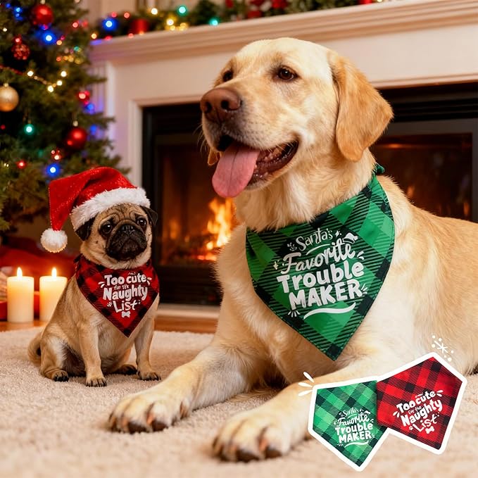 Christmas Dog Bandanas Naughty & Nice List Print - Santa's Favorite Trouble Maker - Pet Holiday Scarf Costume Gift, Green Plaid, Medium & Large Breed, 25-75lbs