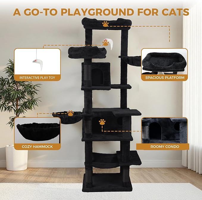 68" Black Cute Cat Tree for Indoor Cats Large Adult, Tall Cat Tower with Scratching Post & Condo, Hammock, Aesthetic Cats Stand, Modern, Easy Assembly (Black, 68" Tall)