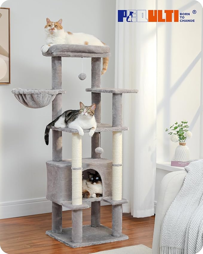PEQULTI 54" Cat Tree for Indoor Cats, Multi-Level Cat Tower with Cozy Cat Condo Clearance Prime, Grey