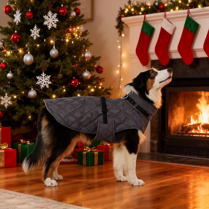 Kuoser Dog Coat Warm Fleece Lining Turtleneck Dog Jacket with Harness Built-in, Adjustable Windproof Cold Weather Coats with Quick Release Buckle Pet Winter Snowsuit for Medium Large Dogs, Grey L