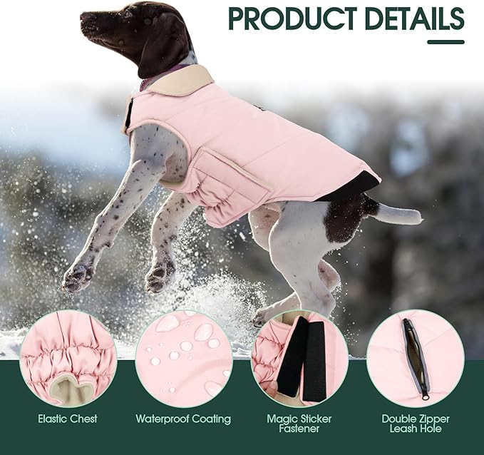 Kuoser Large Dog Coat, Cold Weather Reflective Waterproof Dogs Jacket with Warm Fleece Lining, Turtleneck Dog Winter Coat with Zipper, Doggy Snow Jacket Pet Coats for Small Medium Large Dogs, Pink XL