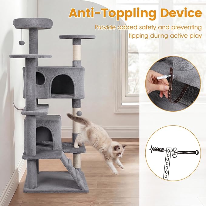 PETSITE 52-inch Cat Tree, Multi-Level Cat Tower with Sisal Scratching Posts, 2 Comfy Condos, Plush Padded Soft Top Perch, Dangling Balls, and Climbing Ladder, Ideal for Indoor Cats (Light Grey)