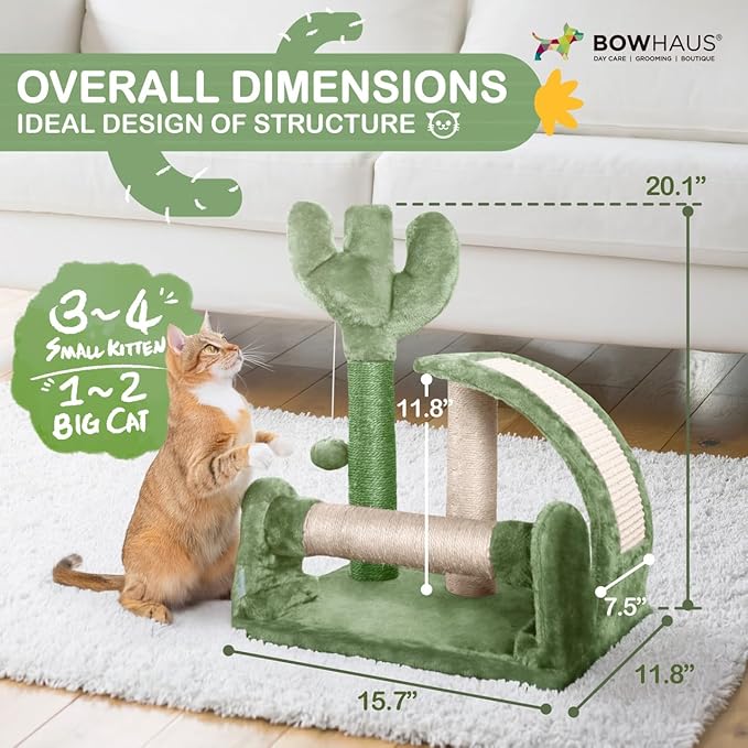 Cactus Cat Tree, Cactus Cat Tower with Thickened Base, Green Cat Tower for Indoor Small Cats, Cute Cactus cat Tree Tower w/Scratching Post and Interactive Toy, 20-Inch