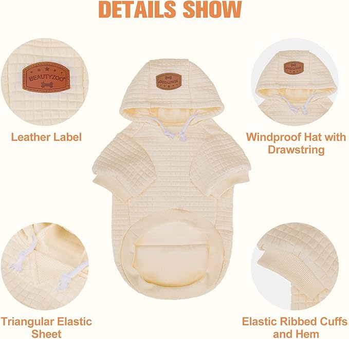 BEAUTYZOO Small Dog Hoodie Sweater with Pockets, Dog Clothes for Small Medium Dogs Boy Girl, Waffle-Like Laminated Cotton Pet Coats with Hat and Leash Hole, Cream L