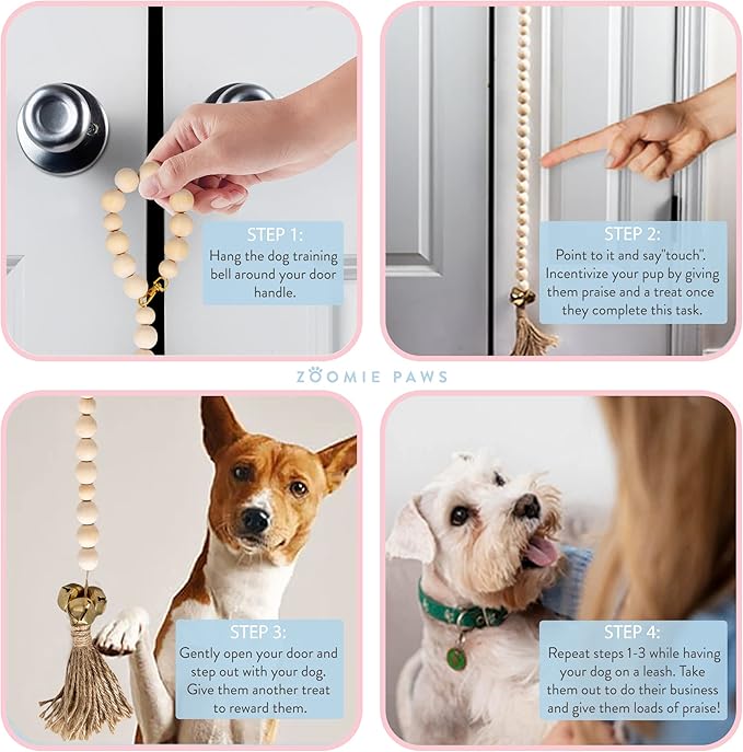Dog Puppy Training Bell Potty and Outdoor Training Doorbell - Zoomie Paws, Black and White Strap with Bells
