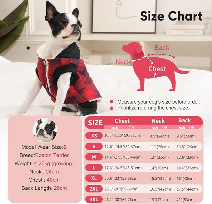 Fleece Lining Dog Hoodie for Medium Dogs Extra Warm Plaid Sweater with Drawstring Hooded Coats in Winter Puppy Jacket,Red L