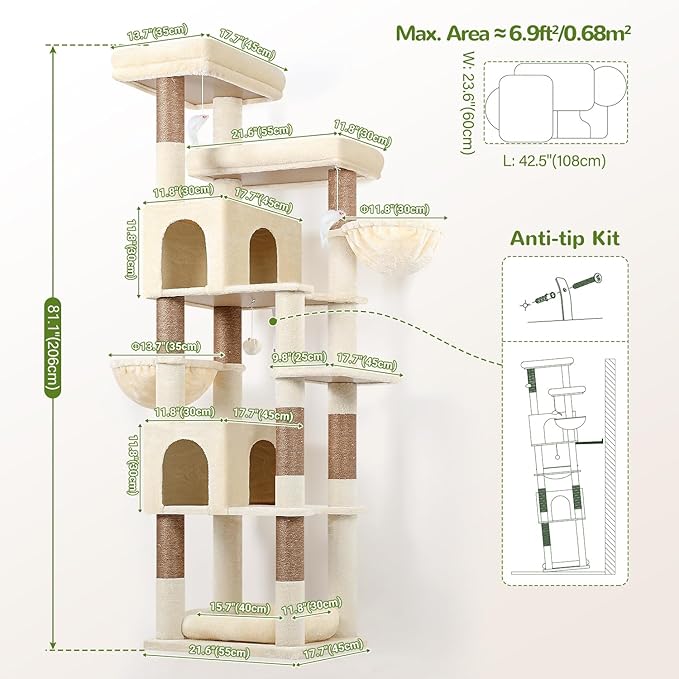 Globlazer Heavy Duty Cat Tree, 81 inch Extra Large Cat Tree for Indoor Cats Large Adult, Sturdy Cat Tower with 8 Scratching Post, 2 Cat Condos, 2 Platform, S81C, Beige