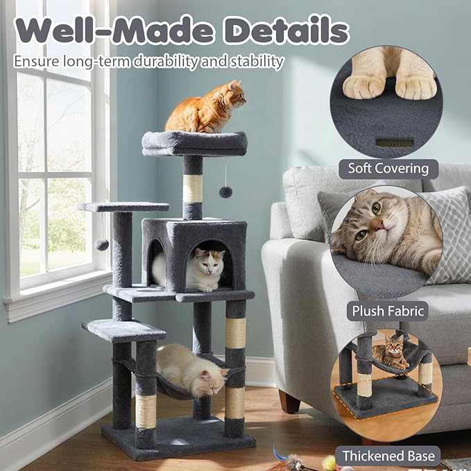 Tangkula Cat Tree Tower, 44 Inch Multi-Level Cat Tower with Sisal Scratching Posts, 2-Door Condo, Padded Top Perch & Hammock, 2 Hanging Balls, Jumping Platforms for Indoor Cats (Gray)
