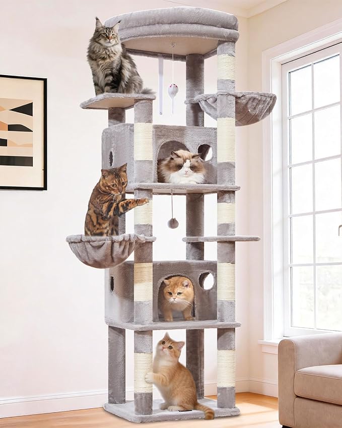 Taoqimiao 73 Inch Cat Tree XXL, Cat Tower for Indoor Cats, Large Cat Tree for Big Cats, Enlarged Platform, 2 Spacious Cat Condos, 9 Scratching Posts, 2 Cozy Baskets, F30W Light Gray