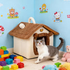 Lovely Cat Bed for Indoor Cats, Cartoon Pattern Cat Cave Bed with Handle Design, Soft Cat Hideaway Indoor Cat House for Kitten, Puppy & Small Pets (L)