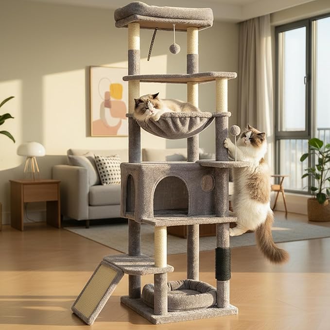 66 inches Cat Tree, Multi-Level Tall Modern Cat Tower for Indoor Large Cats Adult with Sisal Scratching Posts & Board, Padded Platforms, Hammock and Condo, Grey
