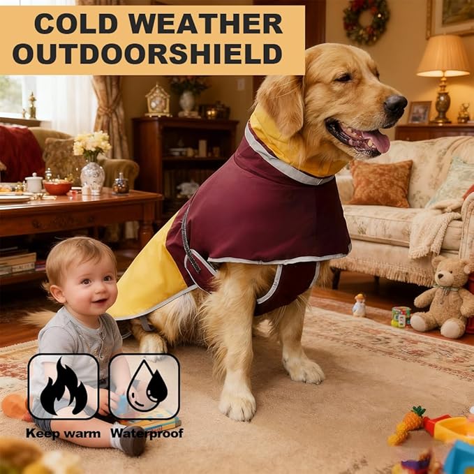 Waterproof Dog Winter Coat, Reflective Turtleneck Fleece Jacket with Snow Protection for Large Dogs, Cold Weather Pet Clothing (Yellow, 6XL)