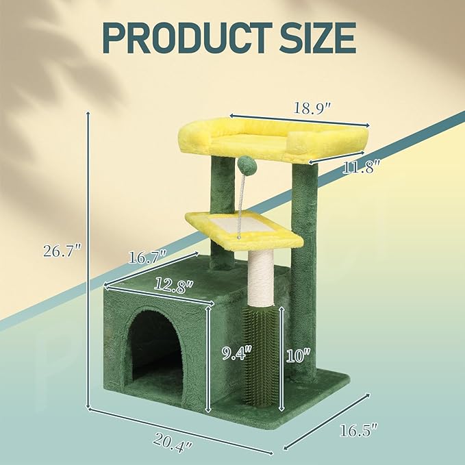 26.7" Small Cat Tree for Indoor Cats, Multi-Level Cat Tower with Sisal Scratching Post & Pad, Cozy Cat Condo, Padded Top Perch & Self Groomer, Forest Green & Yellow