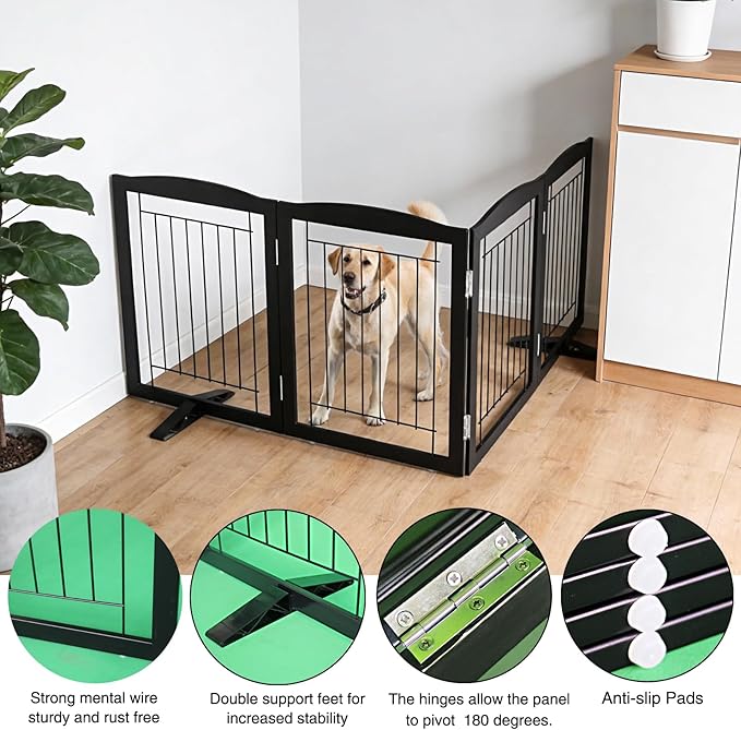 Dog Fence Indoor,Dog Gate Indoor for Doorway pet gate -4-Panel Freestanding, Hallways, House or Stairs -80x32-Inch Retractable Foldable Expandable Wood Pet by SFJC (Black) ﻿