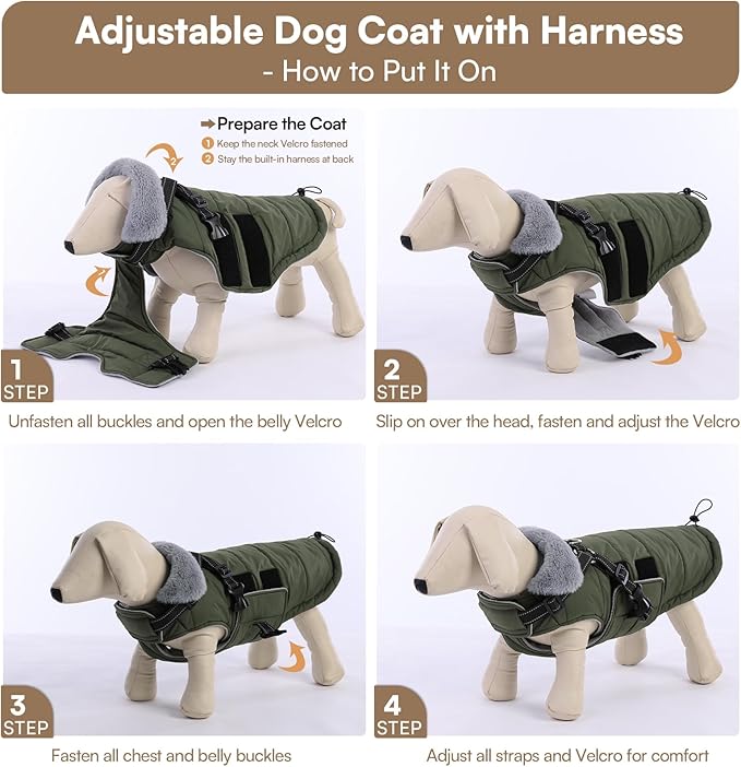 Queenmore Winter Dog Jackets for Medium Dogs with Harness Built-in, Waterproof Puffer Jacket for Snow/Cold Weather, Pet Warm Coat for Doggie Boy/Girl - Fleece Lining Reflective Easy-on, Green M