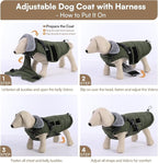 Queenmore Winter Dog Jackets for Extra Large Dogs with Harness Built-in, Waterproof Puffer Coat for Large Breed, Pet Snow Jacket for Winter/Cold Weather - Fleece Easy On Reflective, Green XL