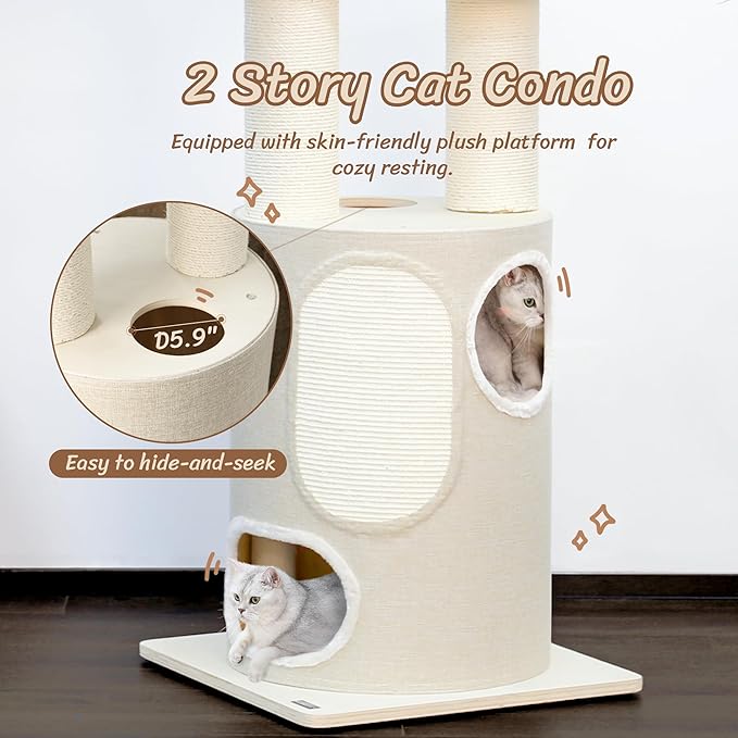 KAMABOKO 74” Large Cat,Tall Cat Tree Tower Multi-Level Platforms with 2-Story Cat Condo, 2 Style Hammocks, Sisal Scratching Posts,Heavy Duty, Sturdy & Stable, Cat Tree for Large Cats 20 lbs