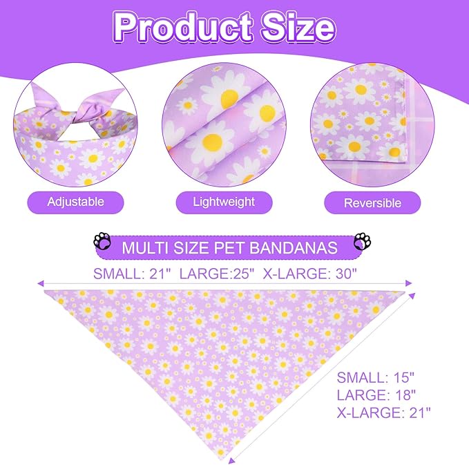 Spring Dog Bandanas Girl Small 2PCS, Purple Pink Daisy Summer Scarf, Durable Triangle Reversible Spring Bibs Handkerchief for Puppy Pet