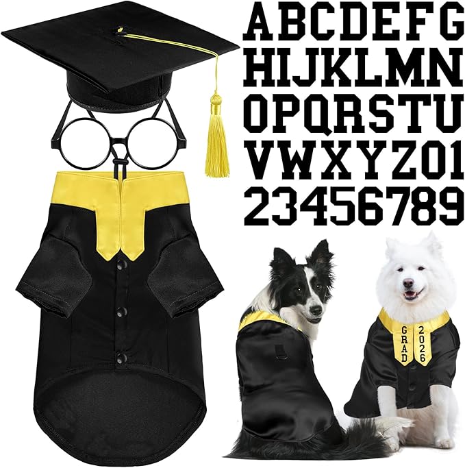 5 Pcs Dog Graduation Costume Set Include 2026 Pet Graduation Gown with Stole Puppy Grad Cap Lensless Glasses DIY Letter Stickers for Dogs Cats Holiday Costume Accessory(Black Yellow,XL)
