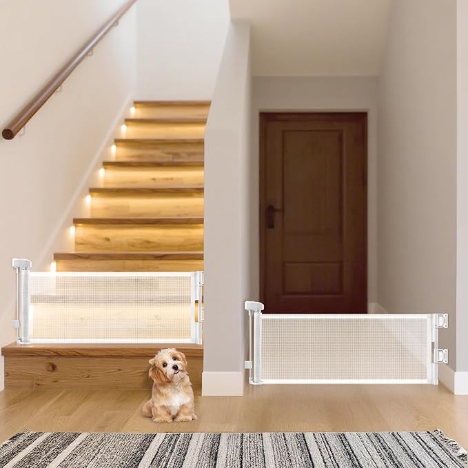2 Packs Retractable Short Dog Gate - Small Puppy Mesh Safety Pet Gates Doggy Door for Doorways Stairs Kitchen Hallways Indoor, 14" Tall, Extends up to 59" Wide, White