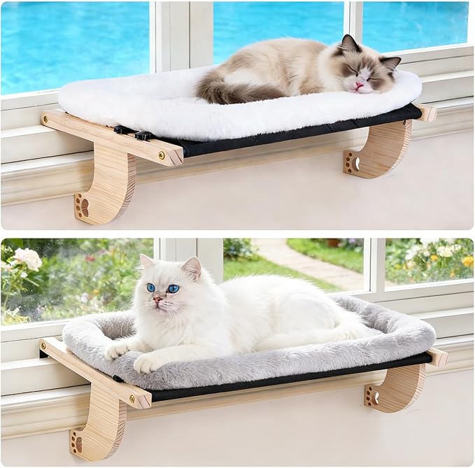 Cat Window Perch Hammock Wall Shelves Beds for Indoor Cats Supplies Design Robust Metal Frame Seat Large Cats and Kittens Pets Natural Wood, 24''L Easy to Adjust Windowsill, Bedside (Grey)