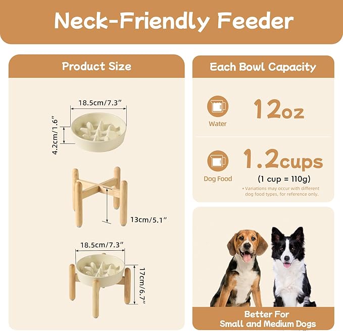 Ceramic 1.2 Cup Dog Raised Slow Feeder Set, Elevated Bowl with Wooden Stand for Medium and Small Dog, 7.3inch Slow Feeder Dish for Fast Easters (Light Yellow, Single Bowl+ Stand)