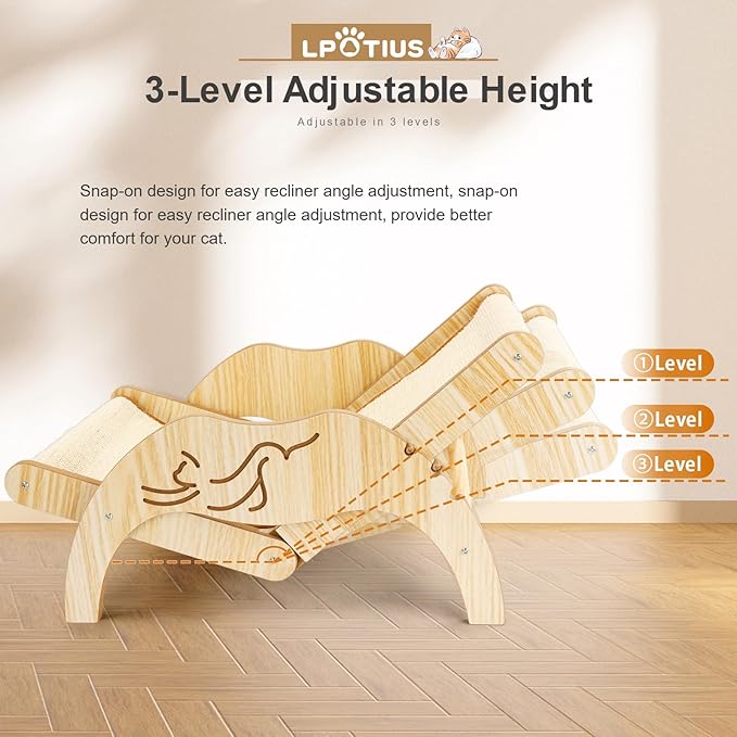 Cat Hammock Beach Chair with Sisal Scratcher, Elevated Adjustable Cozy Cat Lounger Wooden Sisal Chair
