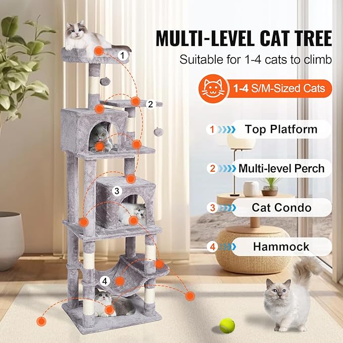 Happybuy Cat Tree for Indoor Cats, 63" Cat Tower with 2 Cat Condos, Sisal Scratching Post, Hammock, Top Perch, Jumping Platforms, Large Cat Furniture Activity Center with Hang Ball, Light Grey