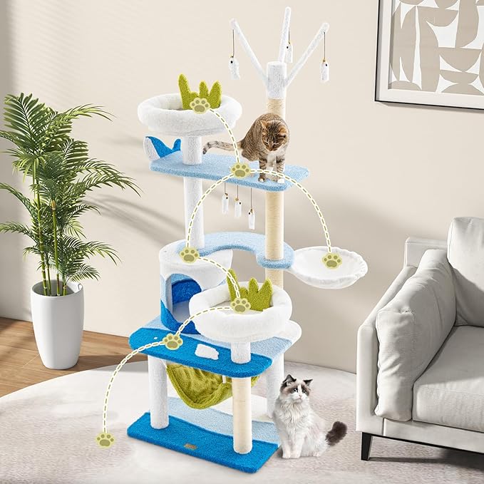 PETSITE Ocean-Themed Cat Tree for Indoor Cats, Multi-Level Cat Tower with Natural Sisal Scratching Posts, Hanging Toys and Padded Top Perch, Modern Cat Tree for Large Cats 20 lbs Heavy Duty (65")