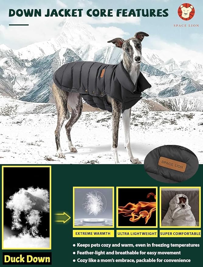 SPACE LION Dog Puffer Jacket, Down Winter Coat, Durable Outdoor Coat for Cold and Windy Conditions, Lightweight & Adjustable Fit Coats for Large Dogs, (Onyx Black,Size28/4XL)