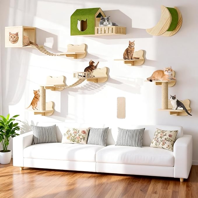 Cat Wall Shelves, 16 in 1 Cat Wall Furniture with Green Wall House, Bridge, Steps, Climbing Post & Scratching Pad Modular Wall Mounted Cat Playground for Large Spaces & Multi-Cat Homes