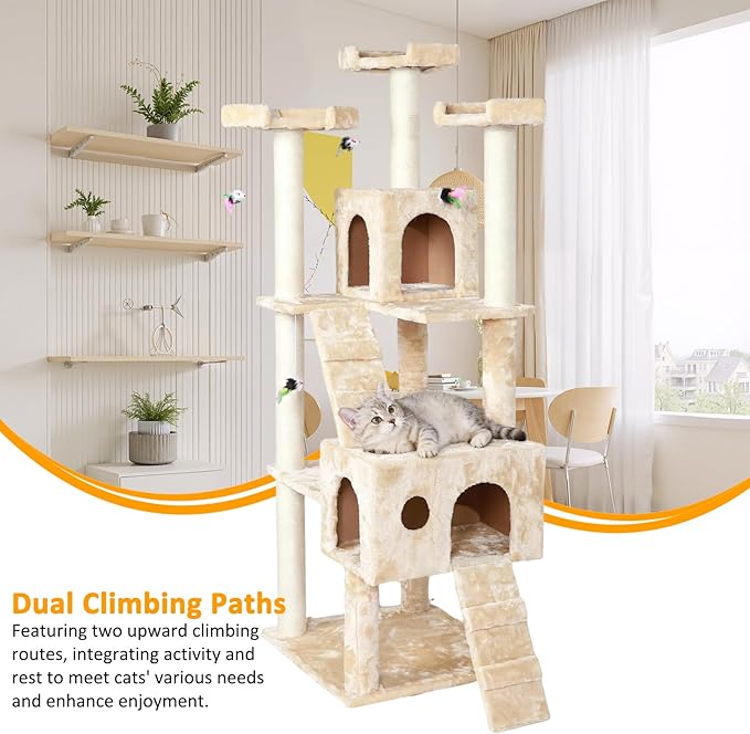 Extra Large Platform Cat Tree 69in Sturdy Cat Scratching Tree for Indoor Cats Large Adult Big Cat Perch Tower with 3 Padded Perches 5 Scratching Posts Cat Condo Hammock Beige