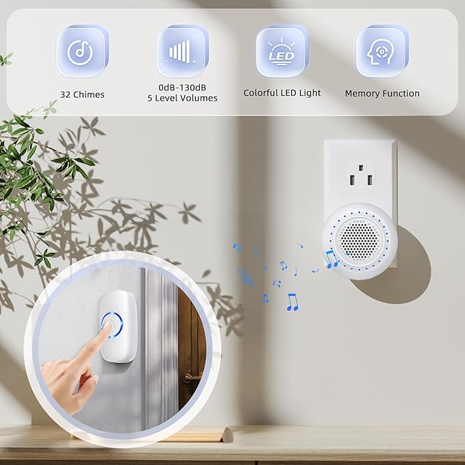 Doorbell Wireless Classroom Doorbell - PHYSEN Door Bells Ringer Chimes Wireless - Operating at 1000ft Range, 32 Ringtones, 4 Volume Levels, LED Flash - Waterproof Wireless Doorbells for Home Kids Room