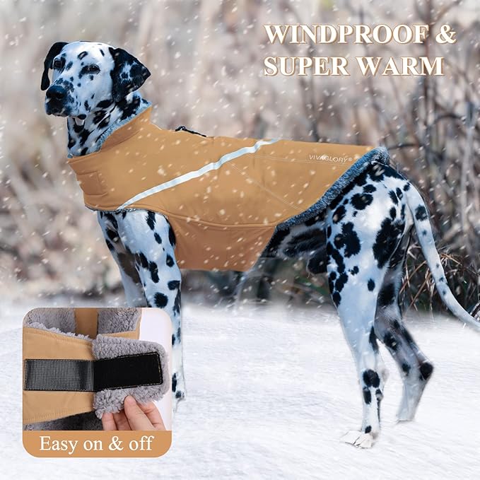 VIVAGLORY Snowrap Dog Coat, Jacket with Harness Hole, Dog Coat for Winter & Cold Weather, Fluffy Warm Fleece Lined Reflective Water Resistant for Puppy, XXS, Khaki