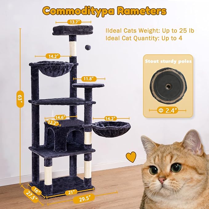 Tall Cat Tree,63 Inch Cat Tower for Indoor Adult Cats,Large Cat Stand with Scratching Post,2 Baskets,Plush Perch,Dark Gray