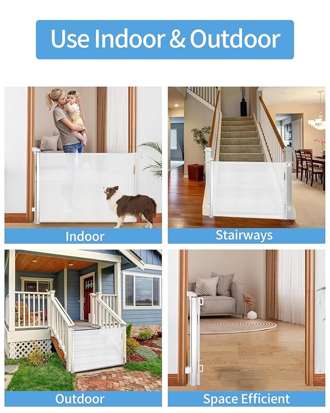 Retractable Baby Gate for Doorways and Stairs, Mesh Safety Gate for Pet, Indoor & Outdoor Use, One-Hand Operation, Easy Installation, 33.6" Tall, Expands to 55" Wide（White,33.6"x55"