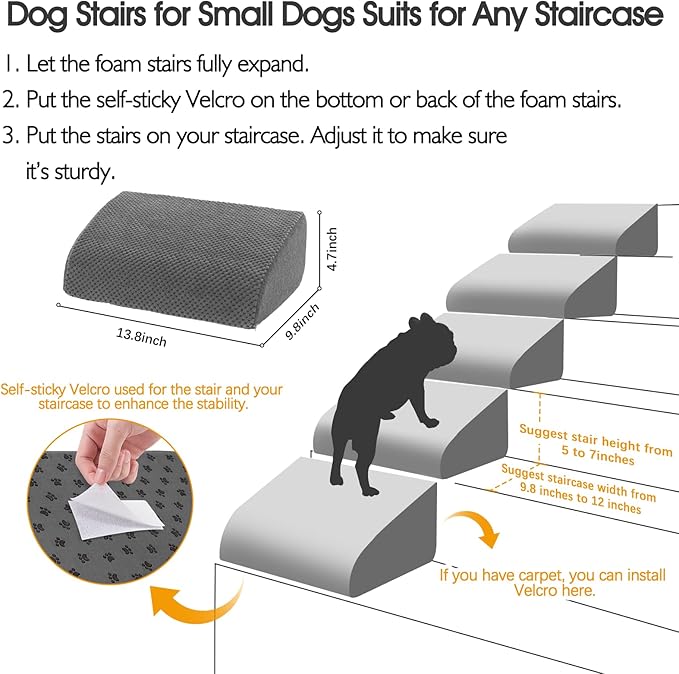 40D Dog Ramp for Stairs for Small & Senior Dogs and Cats – Non-Slip Stair Ramp for Dogs with Gentle Slope, Pet Ramp with Washable Cover & Self-Sticky Pads for Safe Climbing Easy Install(Grey, 5 Pack)