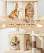 Heavy Duty Cat Tree for Indoor Cat, 74 Inch Cat Tower with Scratching Post, Hanging Basket, Cat Condo with Large Platform for Large Cats, PMT04BW, Beige