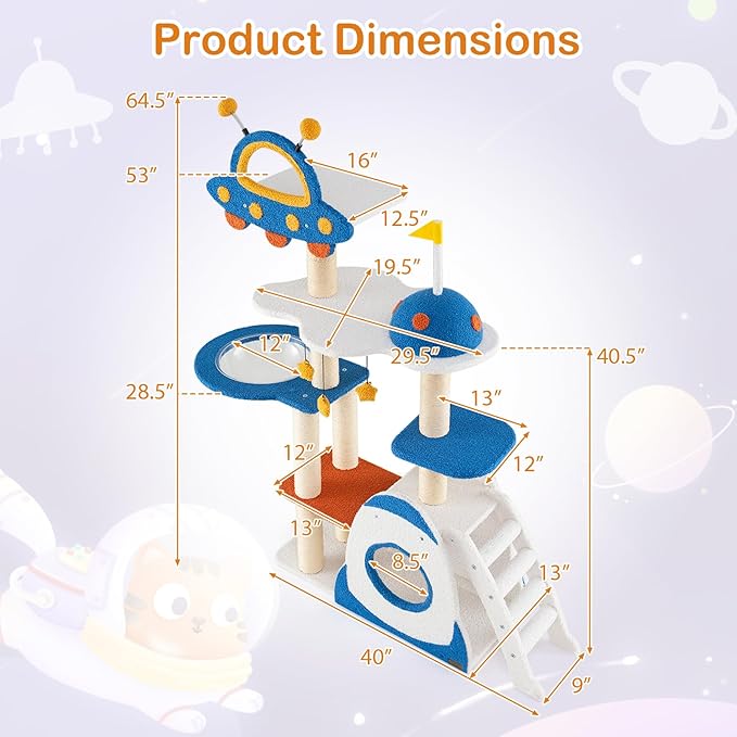 PETSITE 64.5 Inch Space-Themed Cat Tree, Multi-Level Cat Tower with Sisal Scratching Posts, UFO-Shaped Top Perch, Climbing Ladder, Hanging Star-Shaped Jingling Toys, Cute Cat Tree for Indoor Cats