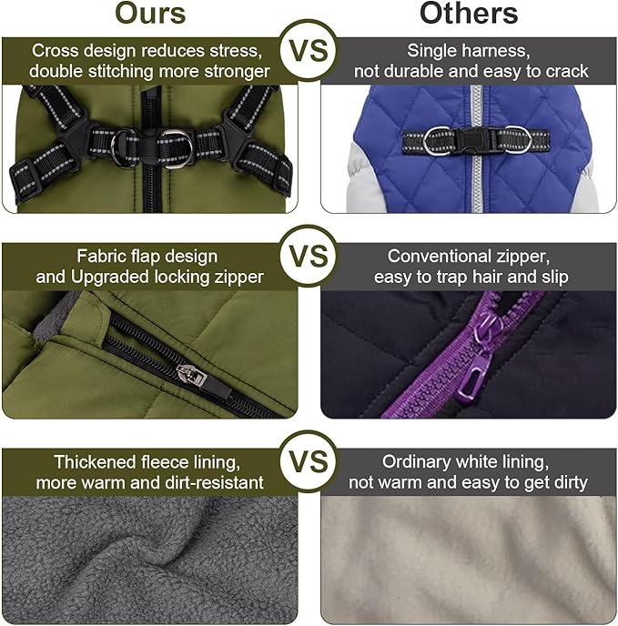 Warm Dog Winter Coat, Dog Cold Weather Jacket with Built-in Harness, Reflective & Adjustable Comfortable Pet Vest, Windproof Apparel for Small Medium Large Dogs (Green)