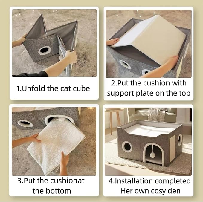 Eolahalcy Cat Beds for Indoor Cats - Large Cat Cave for Pet Cat House with Fluffy Ball Hanging and Scratch Pad, Foldable Cat Hideaway, 23.8x15.9x13.2 inches, Grey