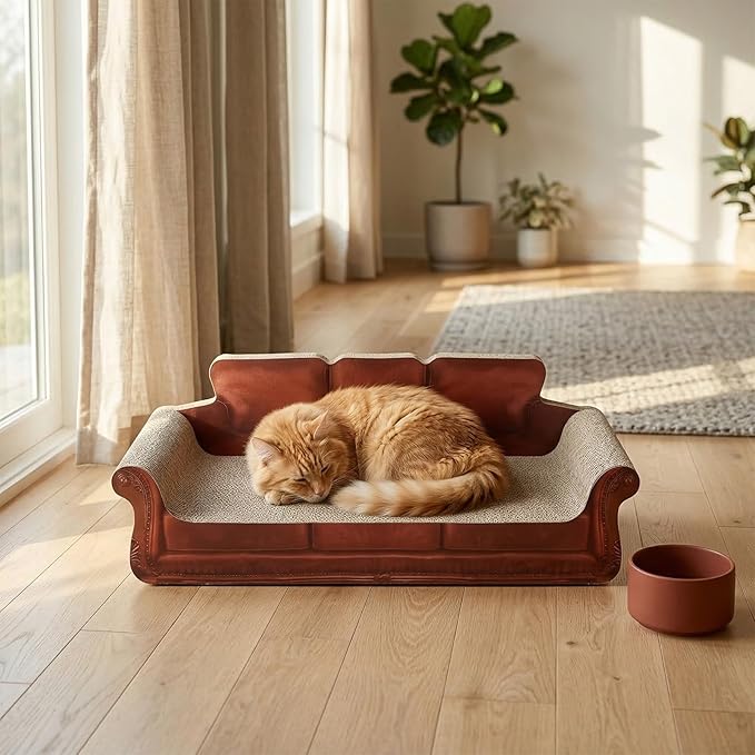 Red Sofa Shape Cat Scratcher, 19.9” Large 2-in-1 Cat Scratcher Lounge Bed, Sturdy Cardboard Scratching Board, Furniture Protector for Indoor Cats
