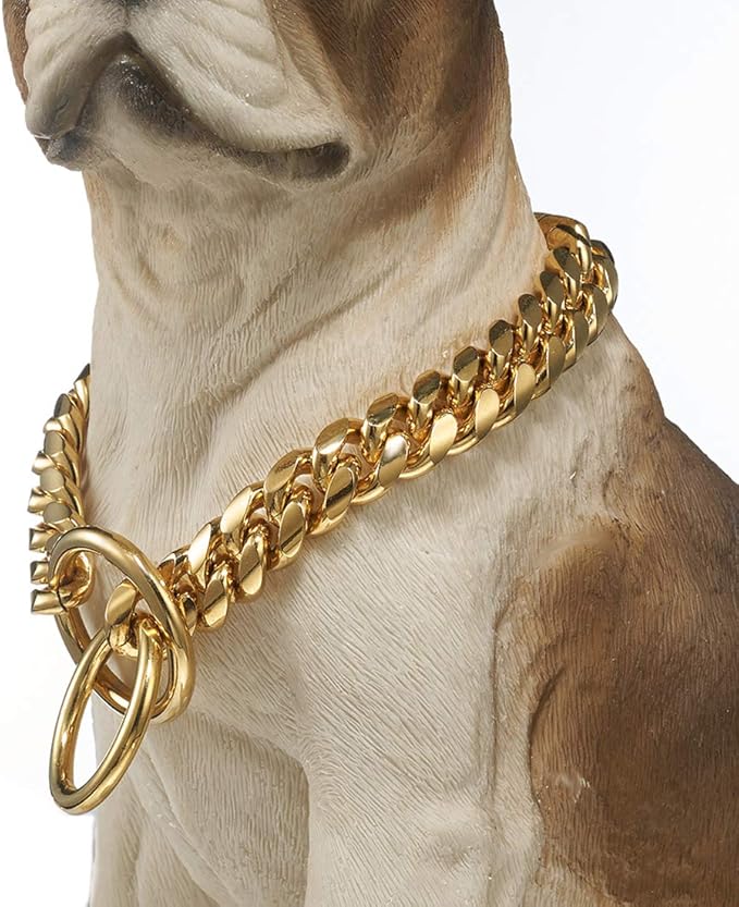 Strong 18K Gold Plated Dog Chain Collar Stainless Steel Width 10mm,12mm,15mm,18mm Cuban Link Choke Collar for Dog's Training,Daily Use (15mm,14'')