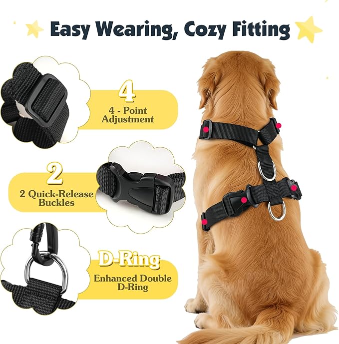 Pawaboo Dog Seat Belt Harness for Car, Dog Car Harness Seatbelt with Double Clips, Adjustable Breathable Pet Vest & Dogs Safety Tether with Elastic Bungee for Small Medium Large Pet, XL, Black