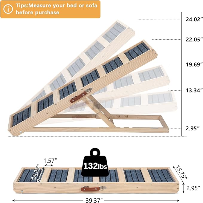 Dog Ramp for Bed, Foldable 4 Height Adjustable from 16" to 24" Pet Ramp for Couch, Small to Large Dog Bed Couch Car Stairs Ramp for Dog Get on Bed Truck SUV Up to 132LBS