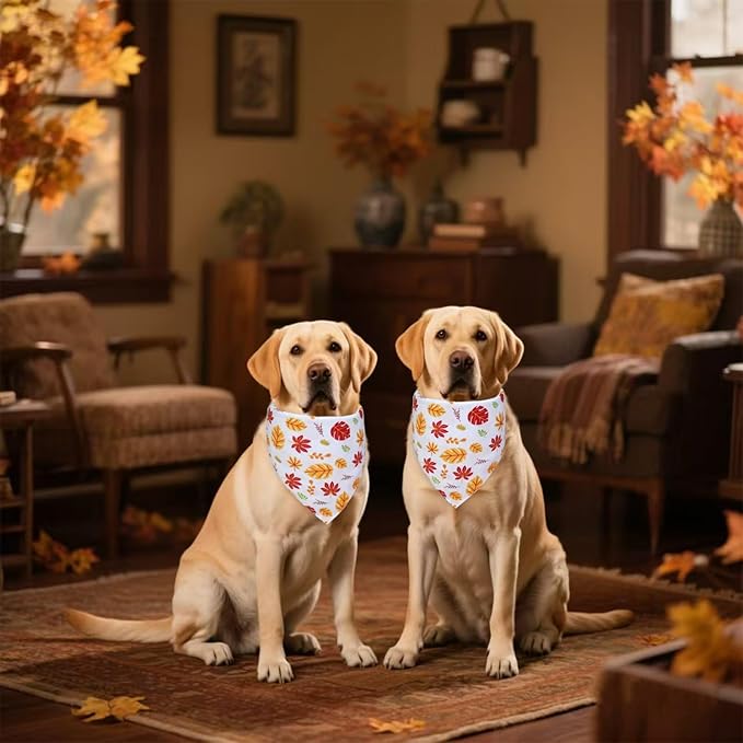 Thanksgiving Dog Bandanas 2-Pack for Large to X-Large Dogs - Reversible Pumpkins & Fall Leaves Print Scarf, Cozy Pet Family Gatherings Accessories