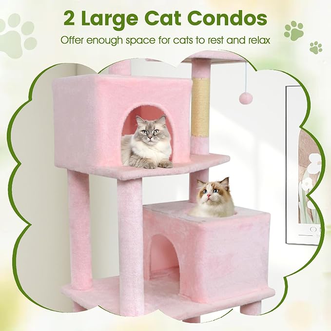 PETSITE Multi-Level Cat Tree, 75 Inches Tall with Sisal Scratching Posts, 2 Condos, Hammock, Dangling Balls, and Cozy Top Perch, Ideal for Indoor Cats to Play and Rest (Pink)