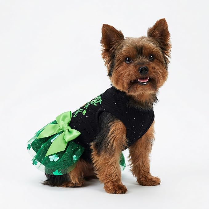 Fitwarm Cutest Clover in the Patch Dog Dress, St Patricks Day Dog Clothes for Small Dogs Girl, Funny Pet Cat Holiday Outfit, Black, Emerald Green, Large