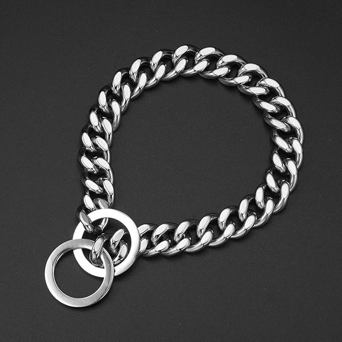Dog Chain Collar Gold/Silver Stainless Steel 12mm Wide Cuban Curb Link Chain Dogs Necklace Walking Training Collars for Large Medium and Small Dogs 12-26 inches (Silver, 24inch)