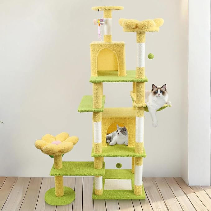 71" Flower Cute Cat Tree for Indoor Cats Large Adult, Tall Cat Tower with Scratching Post & Condo, Hammock, Aesthetic Cats Stand, Modern, Easy Assembly (Yellow, 71" Tall)
